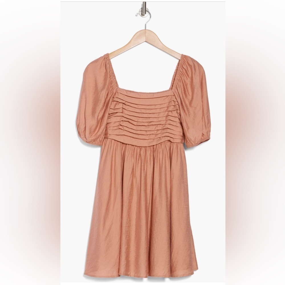 NWT Blu Pepper Peachy Brown Puff Sleeve Pleated Bodice Mini Dress Sz Large - Picture 3 of 9